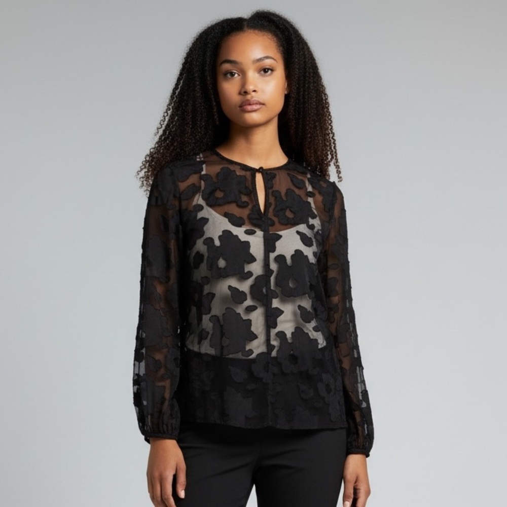ELLEN TRACY Lady, sheer black blouse, small NWT long sleeve button in front